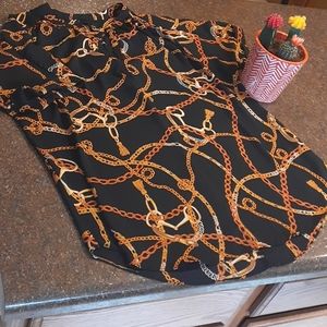 Worthington Black/Gold Chain Design Short Sleeve Blouse/Tunic Top,Size L